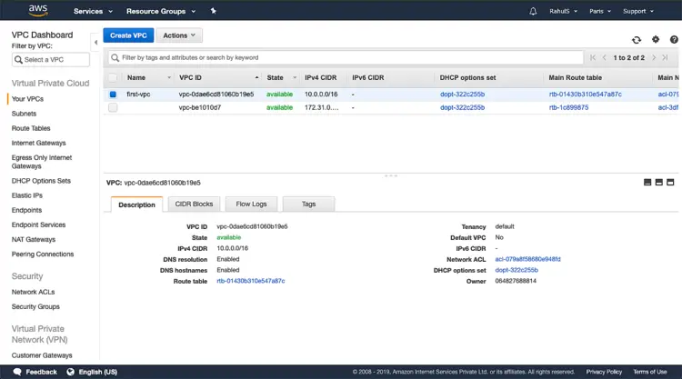 Подтверждение создания Virtual Private Cloud и список основных параметров
