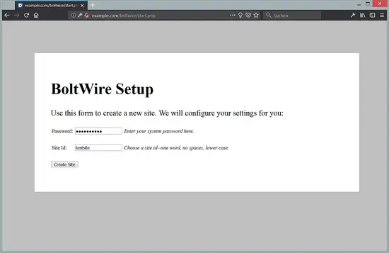 Formulario de creación de sitio en BoltWire