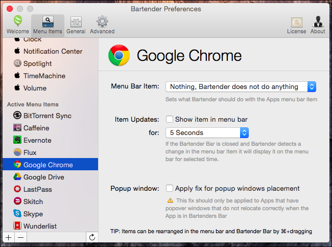 Bartender управляет значками и прячет их в дополнительное меню