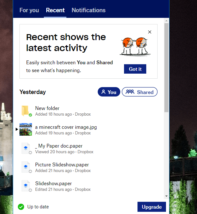 Меню системного трея Dropbox