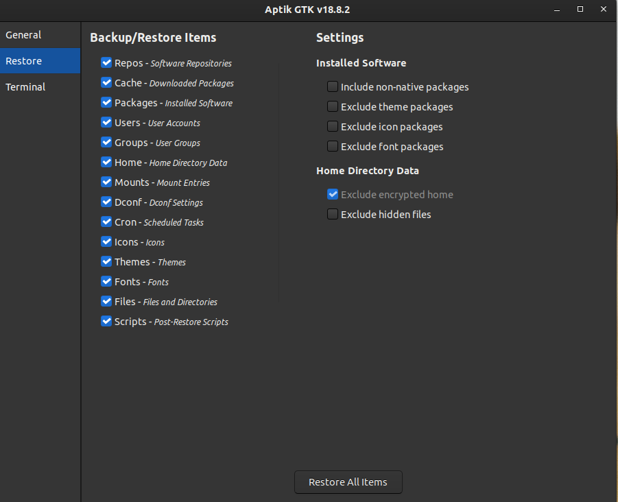 Процесс восстановления в Aptik GTK