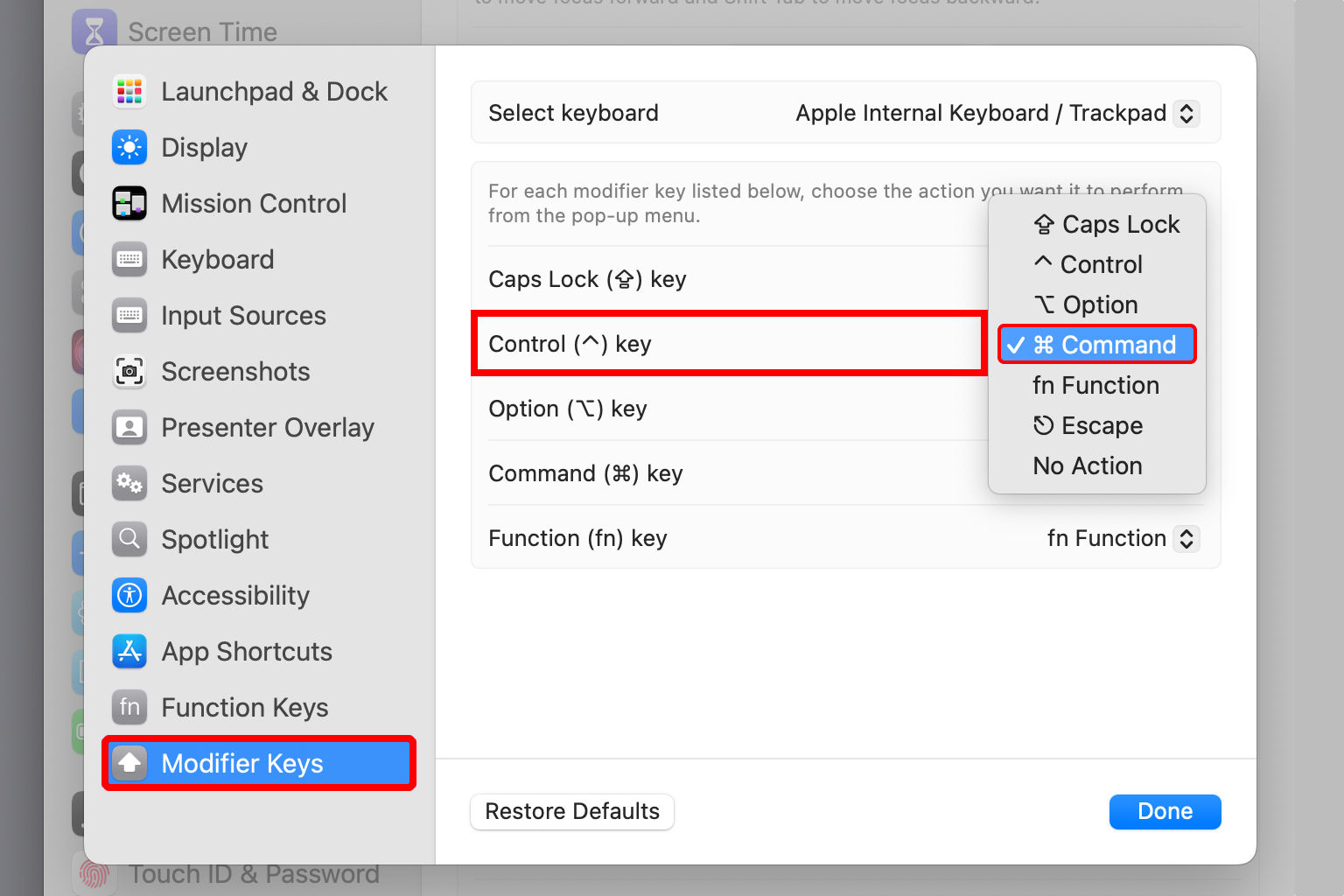 Окно Системных настроек macOS с переназначением клавиш-модификаторов
