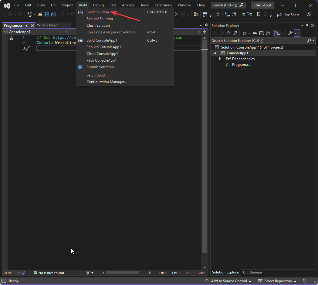 Команда Build Solution в меню Visual Studio