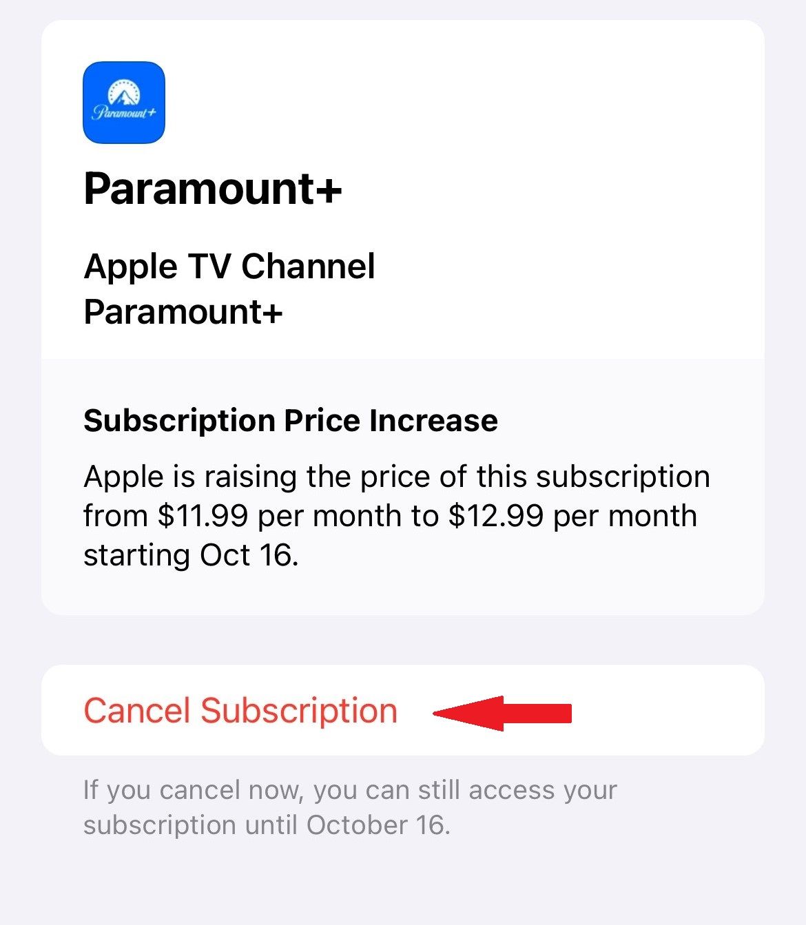 Экран подписки Paramount Plus в iPhone с кнопкой отмены подписки