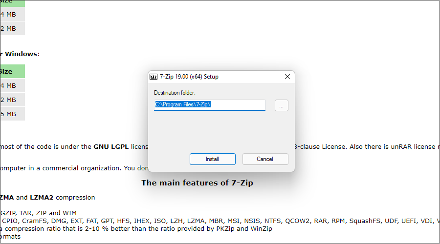 Установка 7-Zip в Windows — подтверждение