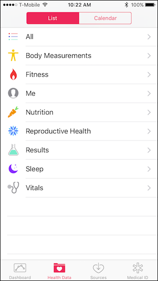 Список категорий данных в приложении Health