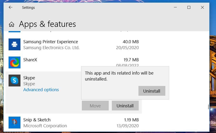 Кнопка удаления Skype в настройках Приложения