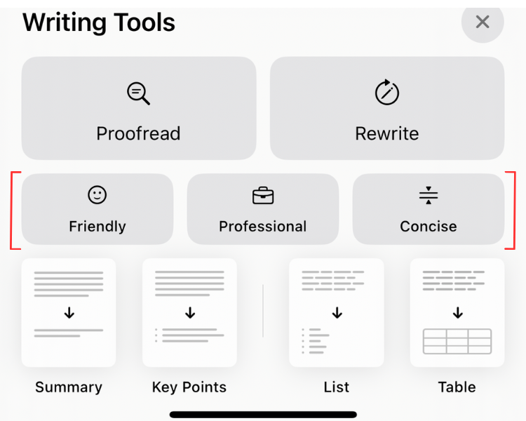 Скриншот опции Rewrite в Writing Tools с выбором тонов Friendly, Professional и Concise.