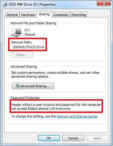 Окно свойств общего ресурса с полем «Сетевой путь», где показан путь к расшаренному приводу