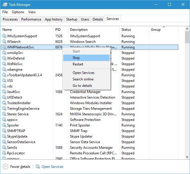 Остановка проблемной службы через Диспетчер задач