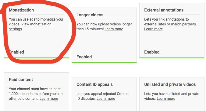 Проверка статуса монетизации в разделе Статус и функции