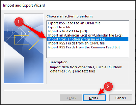 Выбор импорта из другого файла в Outlook
