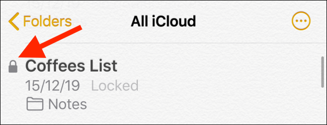 Заметка с видимым значком замка рядом