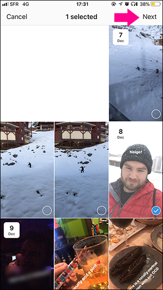 Выбор истории для создания подборки и кнопка 'Далее'