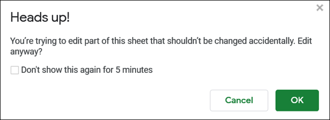 The friendly warning that you are editing a range of cells that's been protected