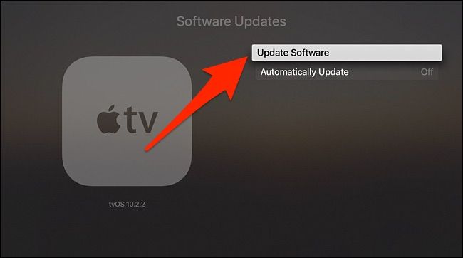 Кнопка «Обновить ПО» на экране обновлений Apple TV