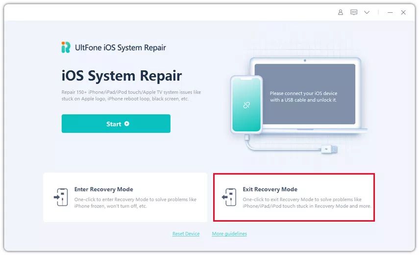 Выход из режима восстановления в интерфейсе UltFone