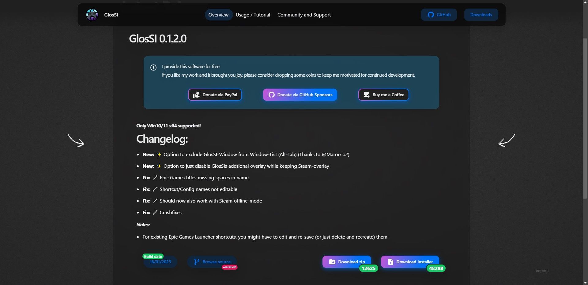 Страница загрузки установщика GlosSI