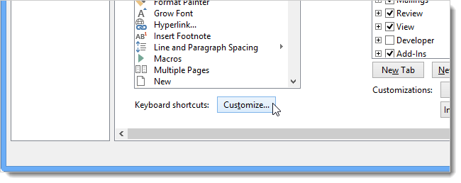 Кнопка «Настроить» для сочетаний клавиш