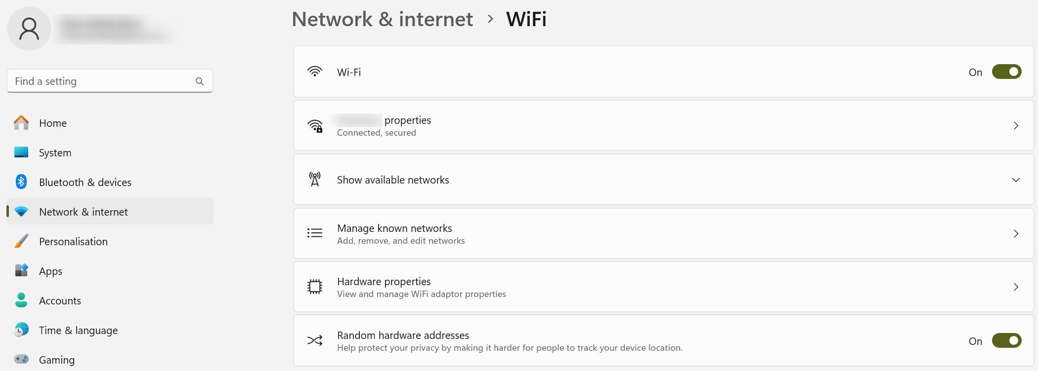 Включение случайных аппаратных адресов в настройках Wi‑Fi Windows