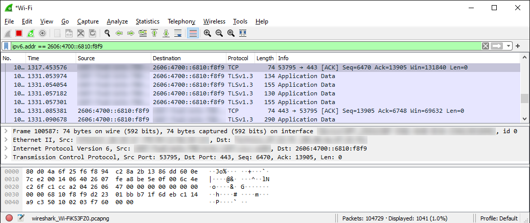 WireShark encrypted DNS — изображение показывает зашифрованный трафик DoH: видно только адрес сервиса (Cloudflare), а запросы не читаемы