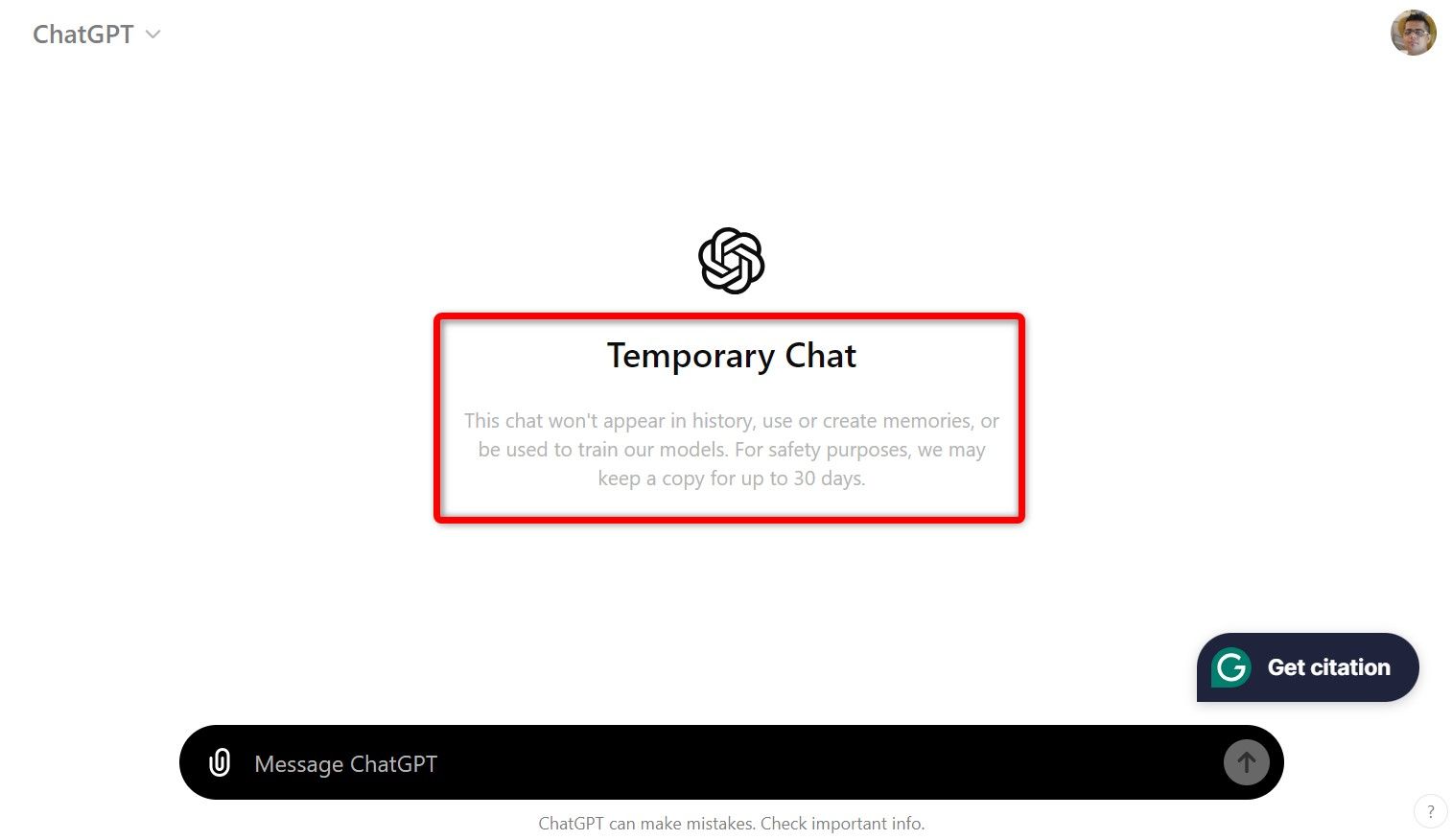 Временный чат в интерфейсе ChatGPT.