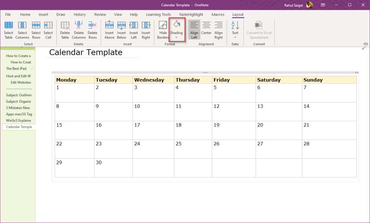 Форматирование таблицы в OneNote