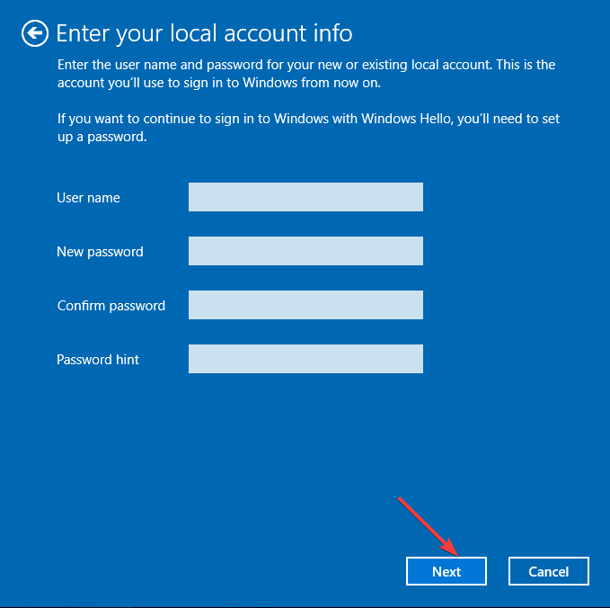 Форма создания локальной учётной записи