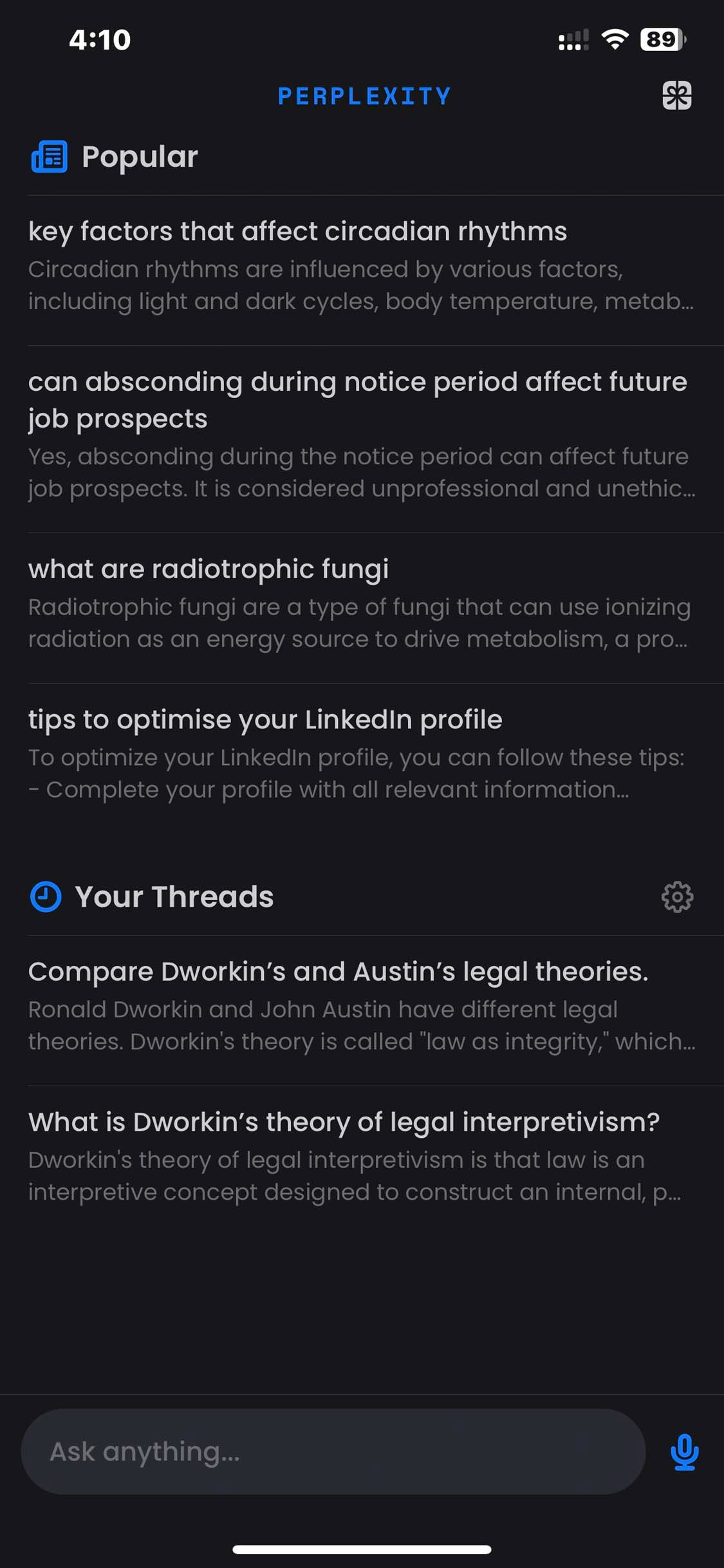 Источники в приложении Perplexity AI