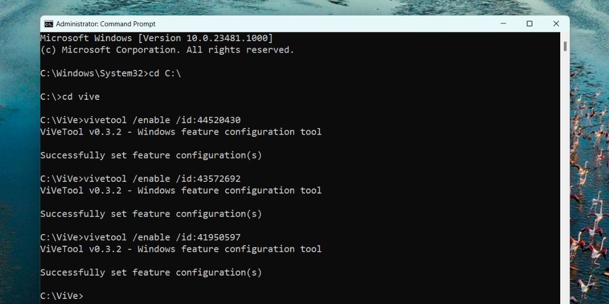 Включение новых функций панели задач — Command Prompt с командами ViveTool