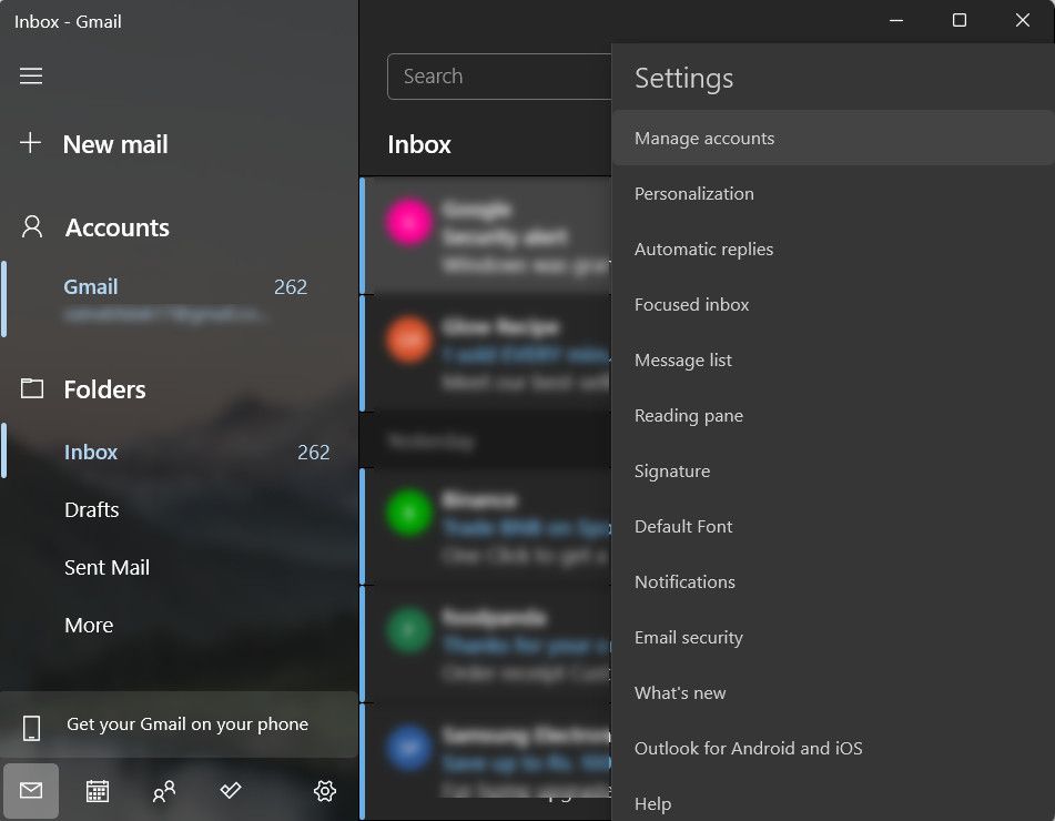 Параметры Учетные записи в приложении Почта