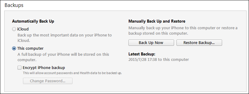 Параметры резервного копирования в iTunes — выбор автоматического или ручного режима