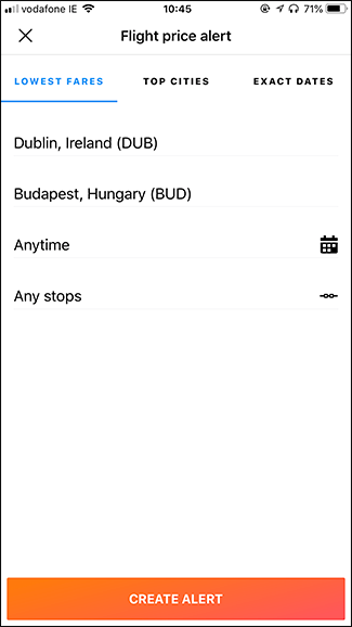 Мобильное создание оповещения — Lowest Fares (гибкие даты)