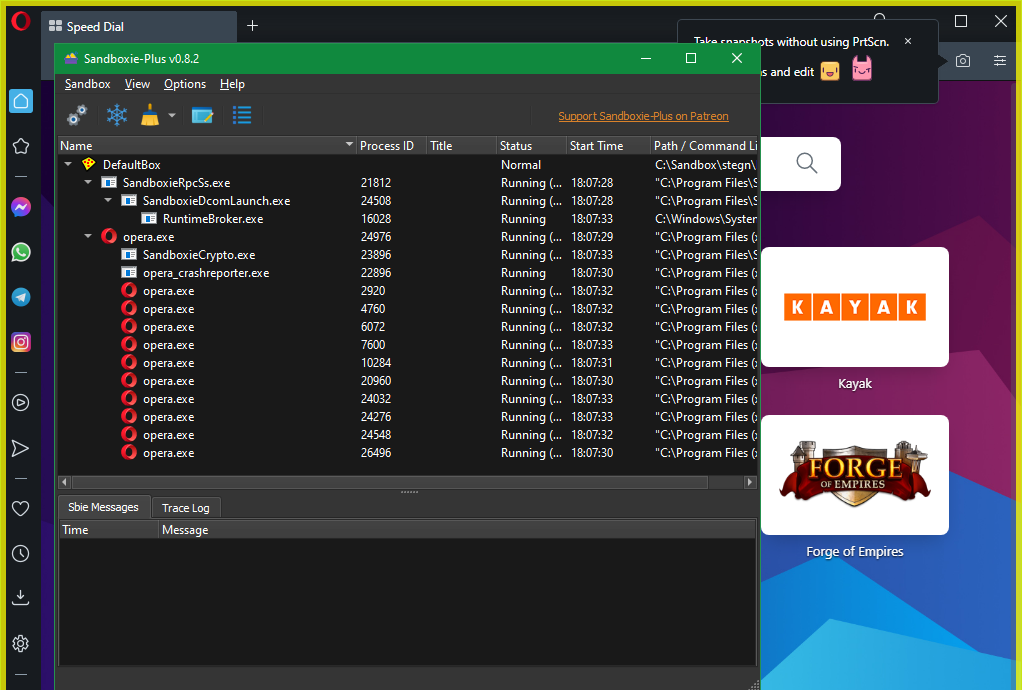 Пример Opera в Sandboxie с жёлтой рамкой над полосой задач