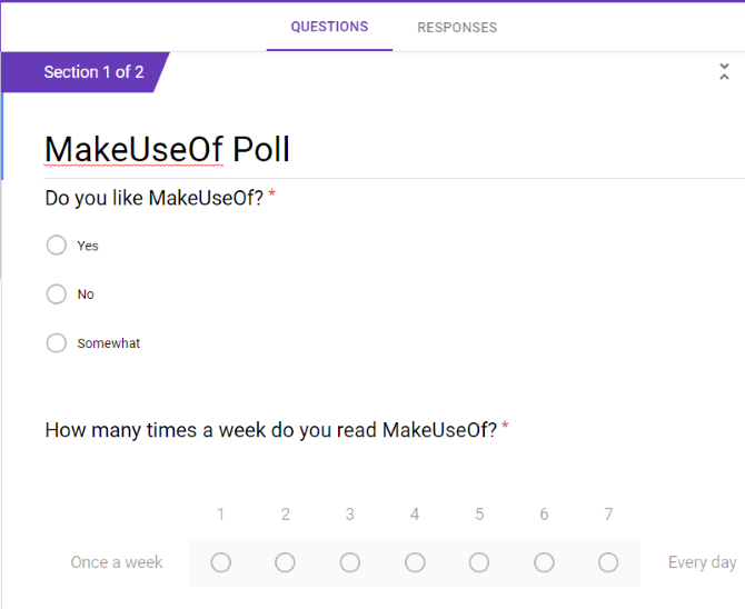 A social media quiz created with Google Forms