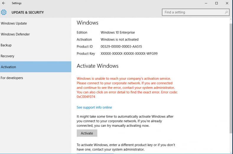 Сообщение об ошибке 0xC004f074 в Windows