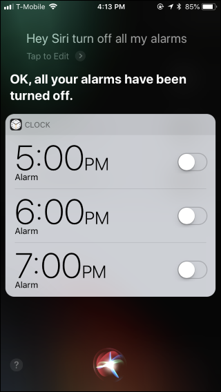 Siri предлагает команды для включения и отключения всех будильников