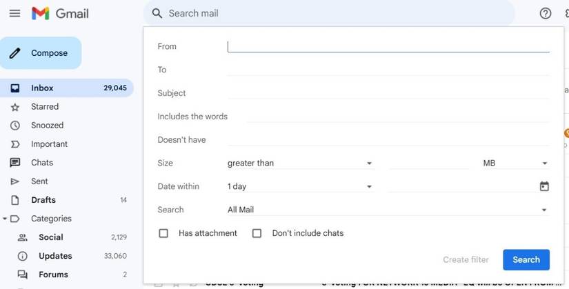 Gmail filter options and criteria