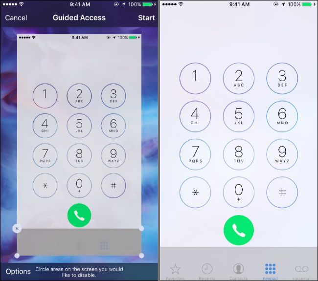 Пример выделения зоны экрана для блокировки в Guided Access