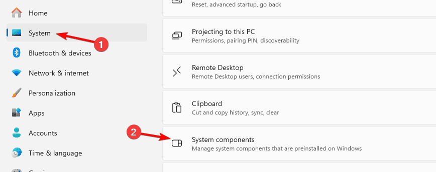 Окно «Параметры» — раздел системных компонентов