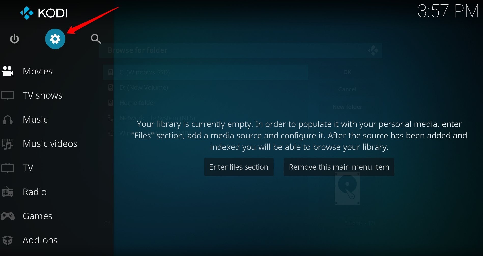Настройки Kodi — значок шестерёнки