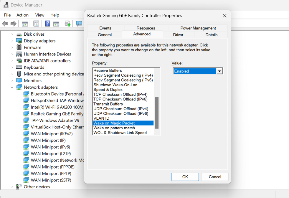 Окно свойств сетевого адаптера, вкладка Дополнительно