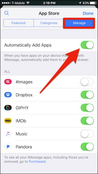 Вкладка «Управление» App Store iMessage: переключатель «Автоматически добавлять приложения»