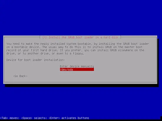 Выбор устройства для установки GRUB: /dev/sda