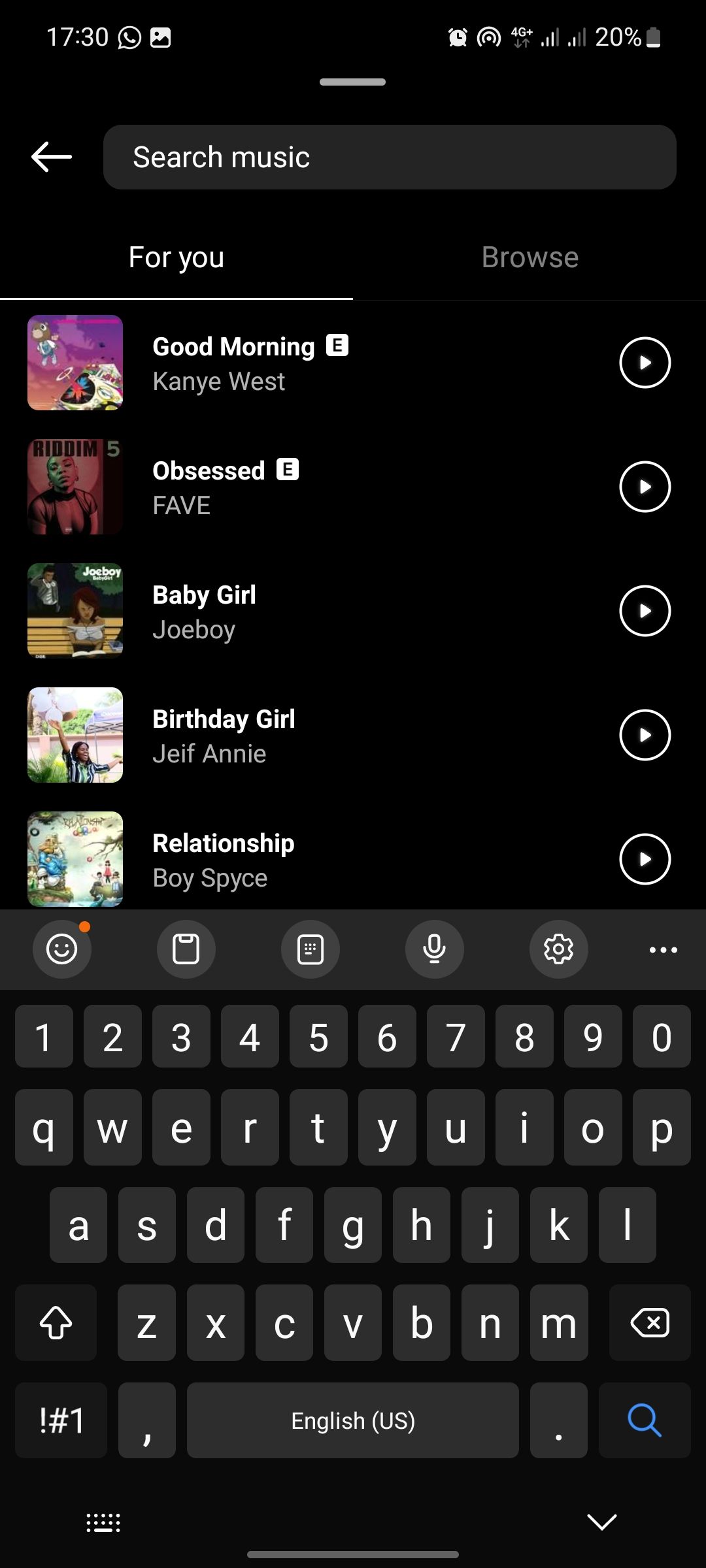 Страница выбора музыки для заметки