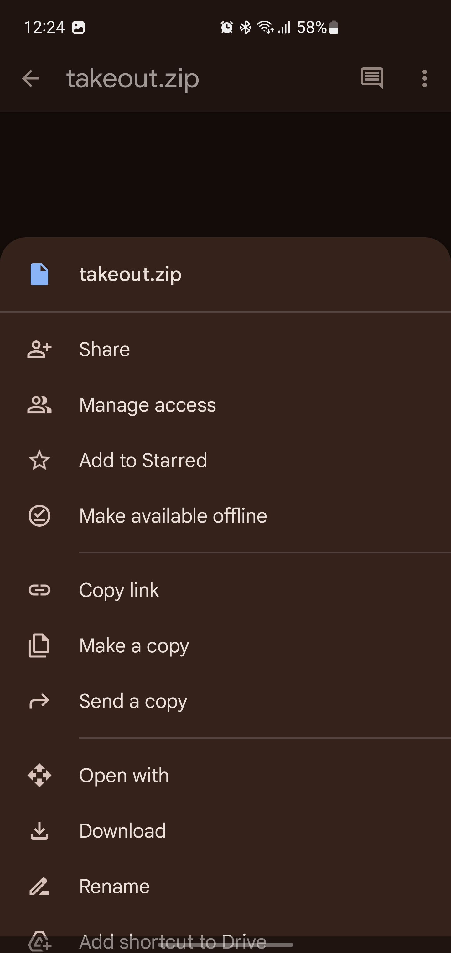 Опция загрузки takeout.zip в Google Takeout
