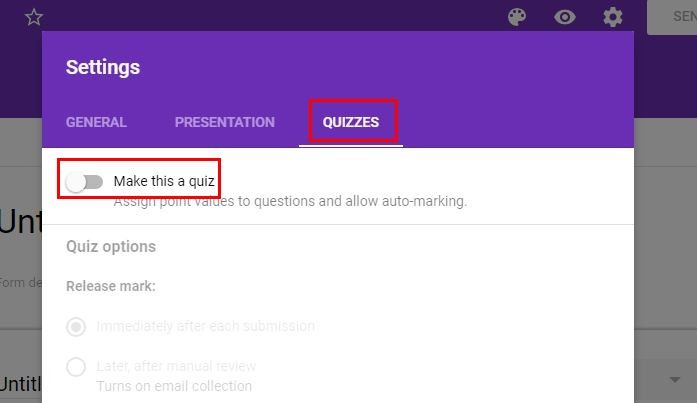 Скриншот: включение режима теста в настройках Google Форм с выделенной опцией Сделать форму тестом