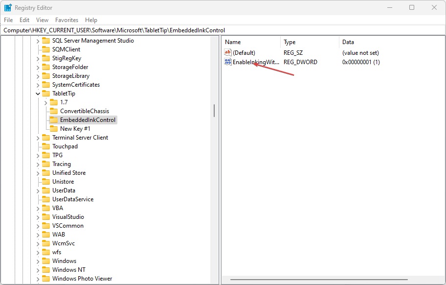Создание REG_DWORD EnableInkingWithTouch