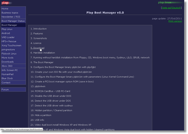 Страница загрузки Plop Boot Manager с кнопкой Download