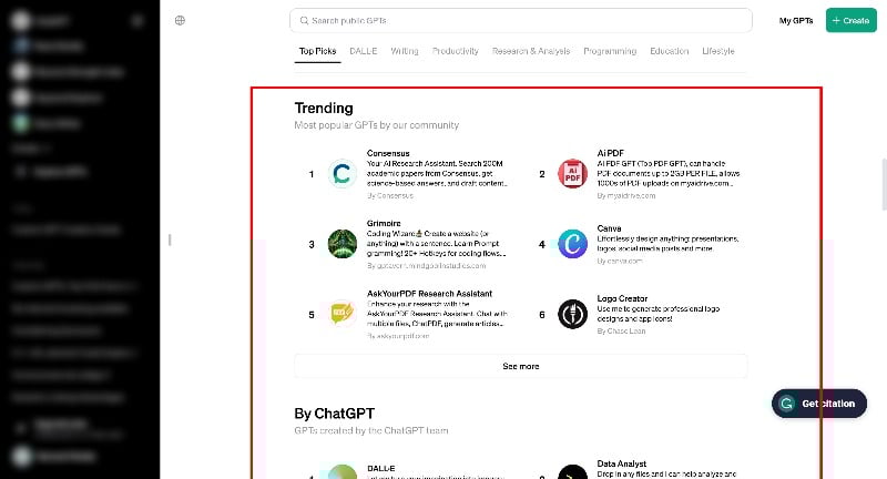 Панель ChatGPT, вкладка Explore, кнопка Create a GPT